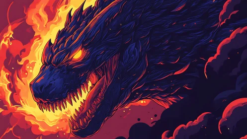Flaming kaiju profile rendered in high-contrast digital vector art