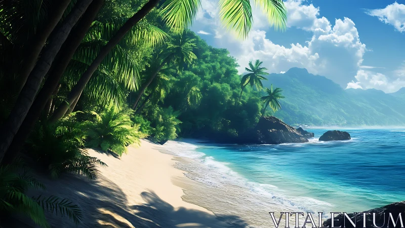 Tropical Coastal Paradise: Pristine Beach with Lush Jungle Canopy.