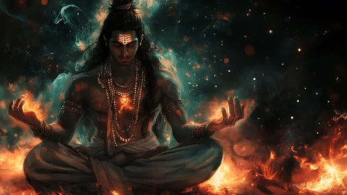 Fiery ascetic meditates amid swirling embers and spectral smoke