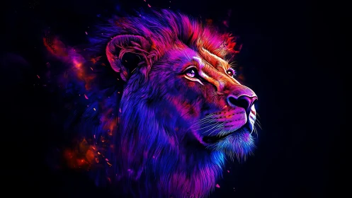 Chromatic lion profile in neon spectral digital rendering.