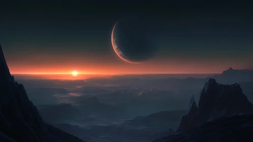 Alien horizon under crescent planet and red dawn light