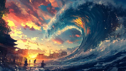 Colossal wave curls over sunset-lit Japanese shoreline.