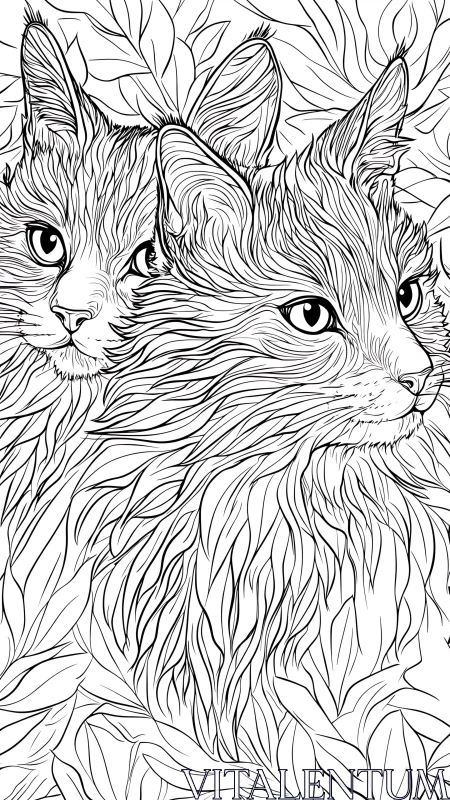 Two Long-Haired Cats in Intricate Line Work.