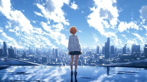 Solitary student overlooks expansive sunlit futurist cityscape.