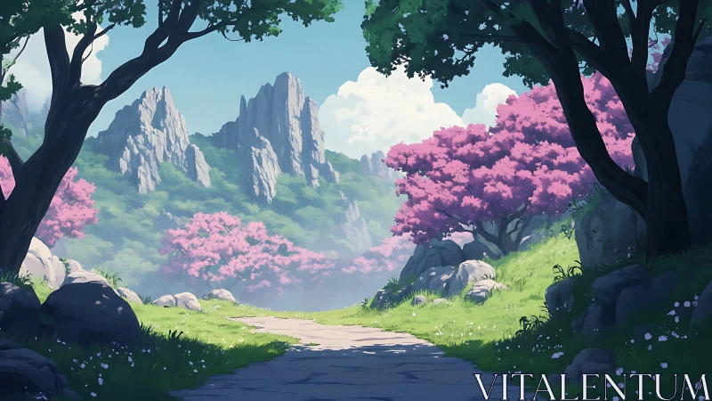 Peaceful mountain path lined with pink blossom trees.