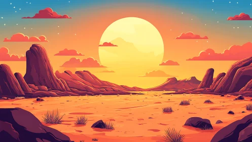 Desert sunset bathes stylized rocky landscape in warm light