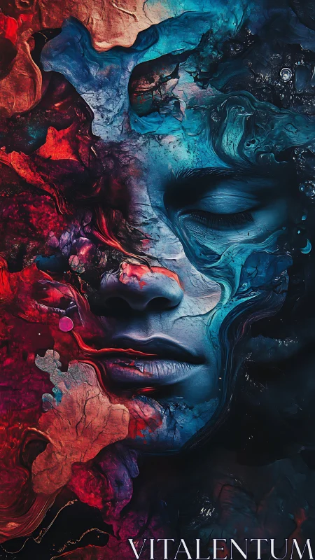 Surreal painted face dissolves into red and blue abstraction