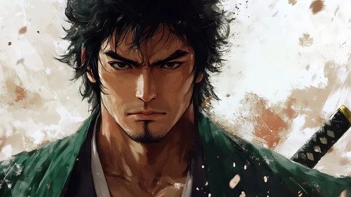 Stoic samurai portrait in green robe with sword sheath.