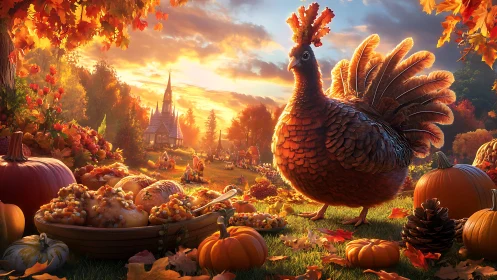 Thanksgiving turkey scene with autumn feast and pumpkins.