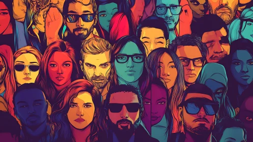Pop art mosaic of diverse urban portraits in bold gradients.