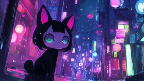Cute neon cat girl in glowing cyberpunk city street.