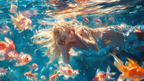 Dreaming mermaid drifts among glowing koi fish underwater.
