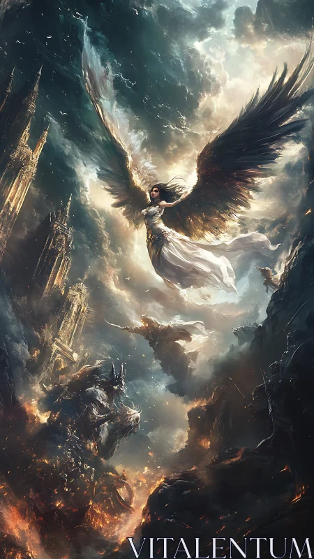 Winged seraph in apocalyptic sky over burning citadels.