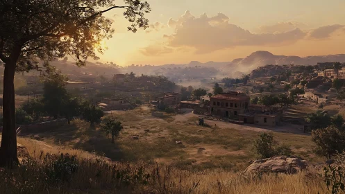 Golden evening light settles gently over a quiet rural town