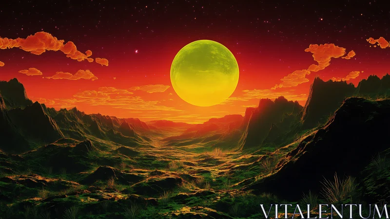 Luminous neon moon over volcanic valley in digital dusk.