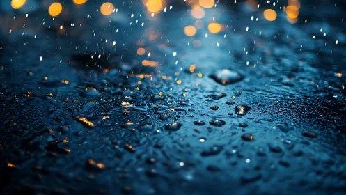 Rain falling on wet pavement with blurred city lights.