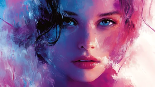 Dreamy blue eyed portrait glows in pink and violet light