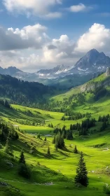 Sunlit alpine valley stretches beneath snowcapped peaks
