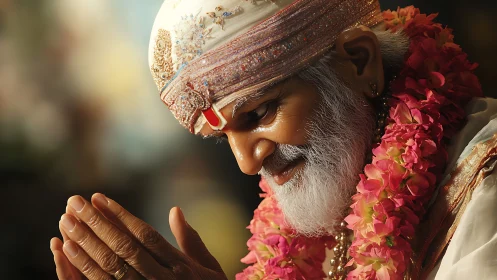 Devoted elder in garlanded splendor, bathed in warm prayer.