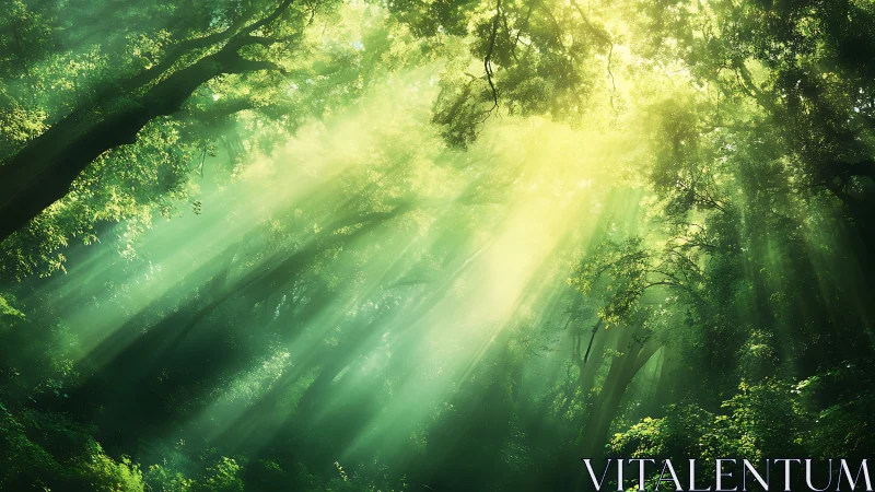 Sunlight streams through dense green forest canopy
