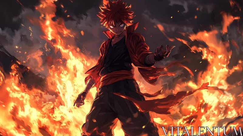 Fiery anime warrior commands raging flames in stormy night