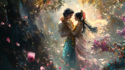 Two souls dance in enchanted gardens filled with golden light
