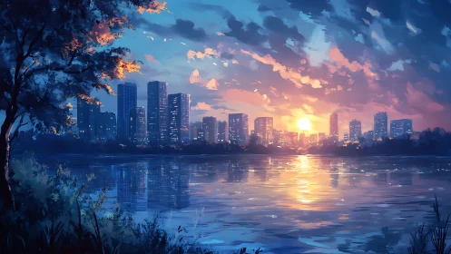 Luminous sunset city skyline reflects softly across a quiet river