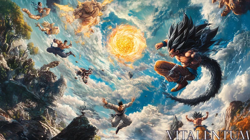 Explosive anime sky battle swirling around a blazing sun core.