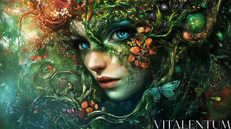 Bioluminescent forest dryad portrait with intricate floral integration