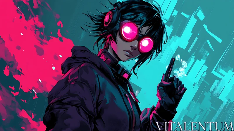 Cyber figure with neon goggles in abstract cityscape.