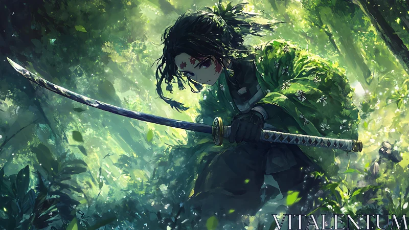Forest samurai crouches with drawn katana, light slicing leaves.