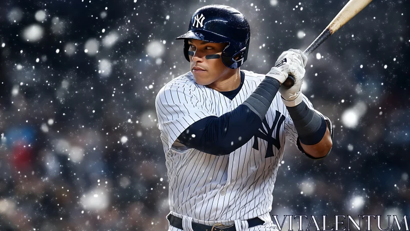 Baseball batter readies swing under swirling stadium snow