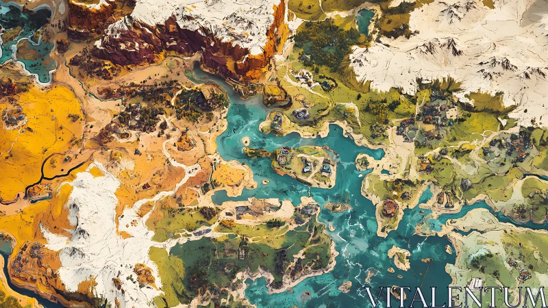 Cartographer’s daydream of deserts, forests, and frosted peaks.