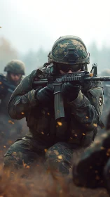 Modern soldier aiming rifle in active combat scene.