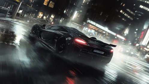 Sleek black supercar glides through a neon soaked rainy city night