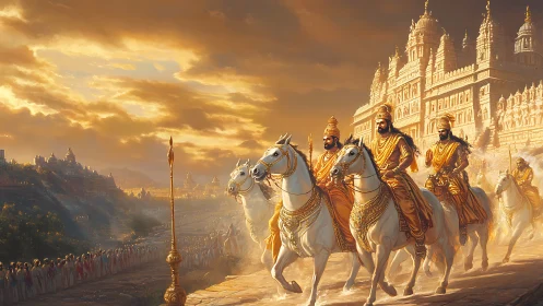 Golden warriors ride through dawn-lit mythic kingdom streets.