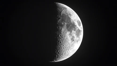 First quarter moon close-up with sharp crater detail shown.