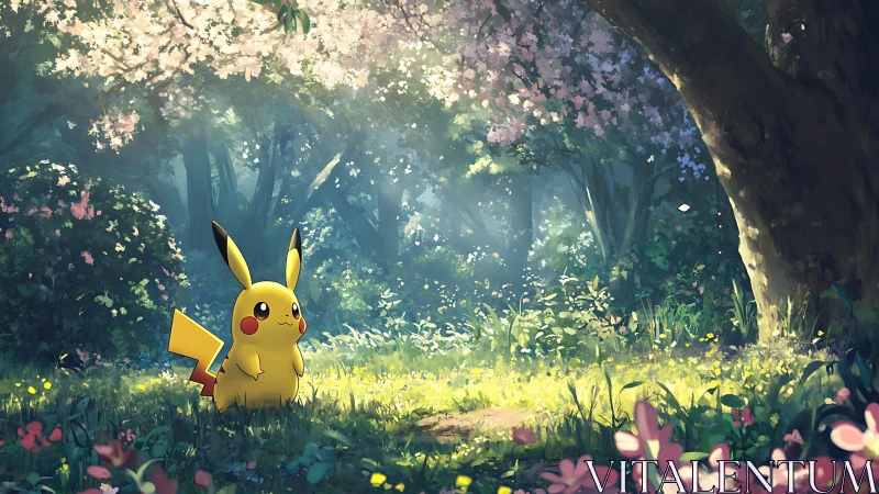 Pikachu basking in dappled light beneath spring blossoms.