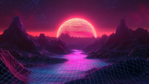 Neon wireframe terrain extends toward a stylized digital sun
