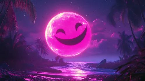 Neon magenta moon with smiling face illuminates tropical shoreline