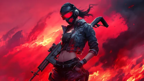 Cyberpunk sniper stands defiant in blazing crimson storm