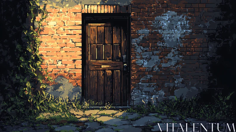 Sunlit wooden door hiding secrets in ivy-brick shadowed wall.