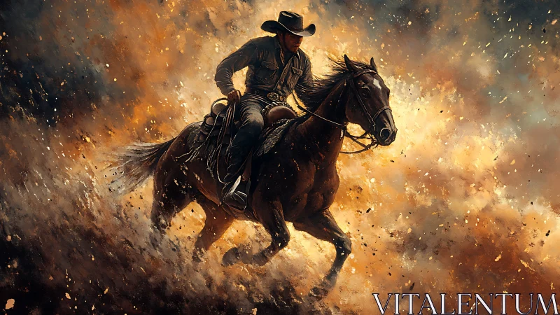 Lone cowboy thundering through sparks and sunset dust.