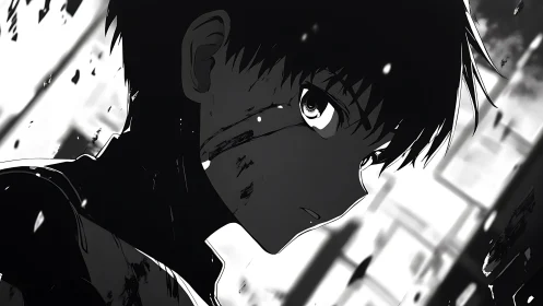 Side profile of injured anime boy in high contrast light.