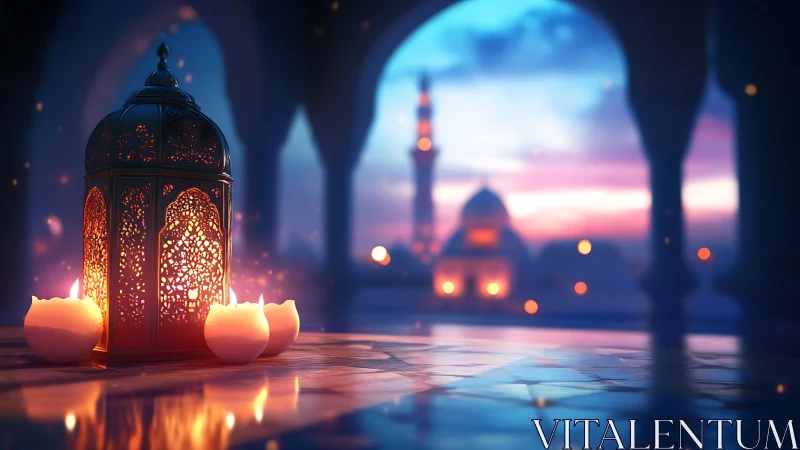 Ornate lantern with candles in front of mosque at dusk.