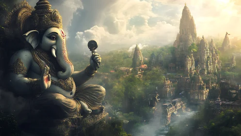 Ganesh statue overlooking dense temple complex at sunrise.