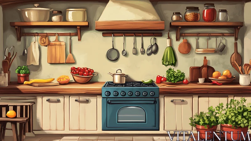 Illustrated kitchen interior centers on a blue gas range