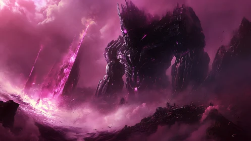 Colossal violet titan rising from a storm-lit alien world.