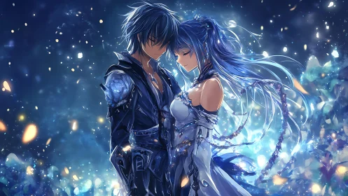 Bioluminescent anime couple in crystalline nocturnal field.