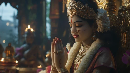 Divine devotional idol in golden temple bokeh lighting.